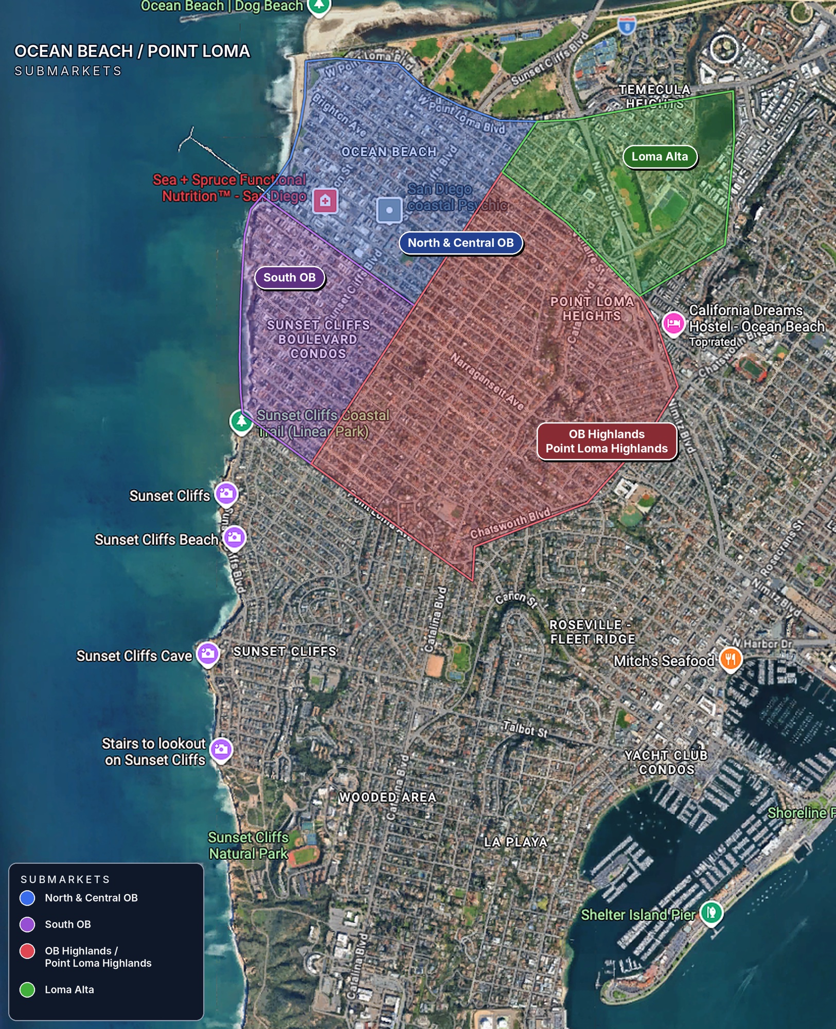 Satellite map of Ocean Beach and Point Loma showing four color-coded submarkets: North and Central OB in blue, South OB in purple, Loma Alta in green, and OB Highlands and Point Loma Highlands in red.